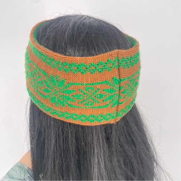Vintage Classic Winter Snowflake Knit Wide Headband Brown & Green Ear Warmer - Picture 5 of 6
